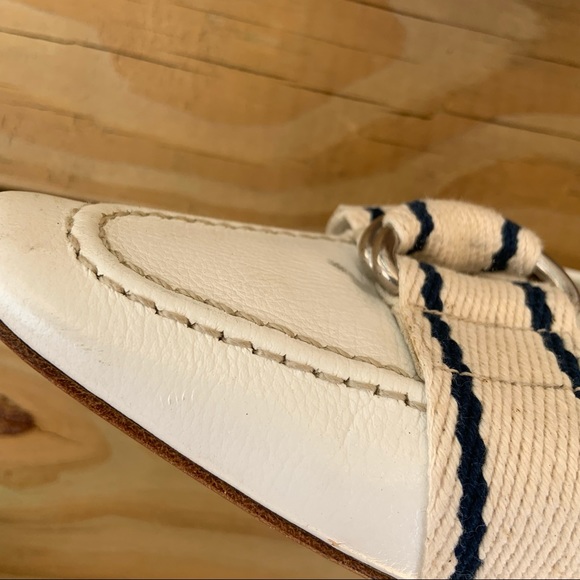 Miu Miu by Prada White Navy Blue Stripe Ribbon Heels Shoes Italy 38.5 Leather - Picture 4 of 14